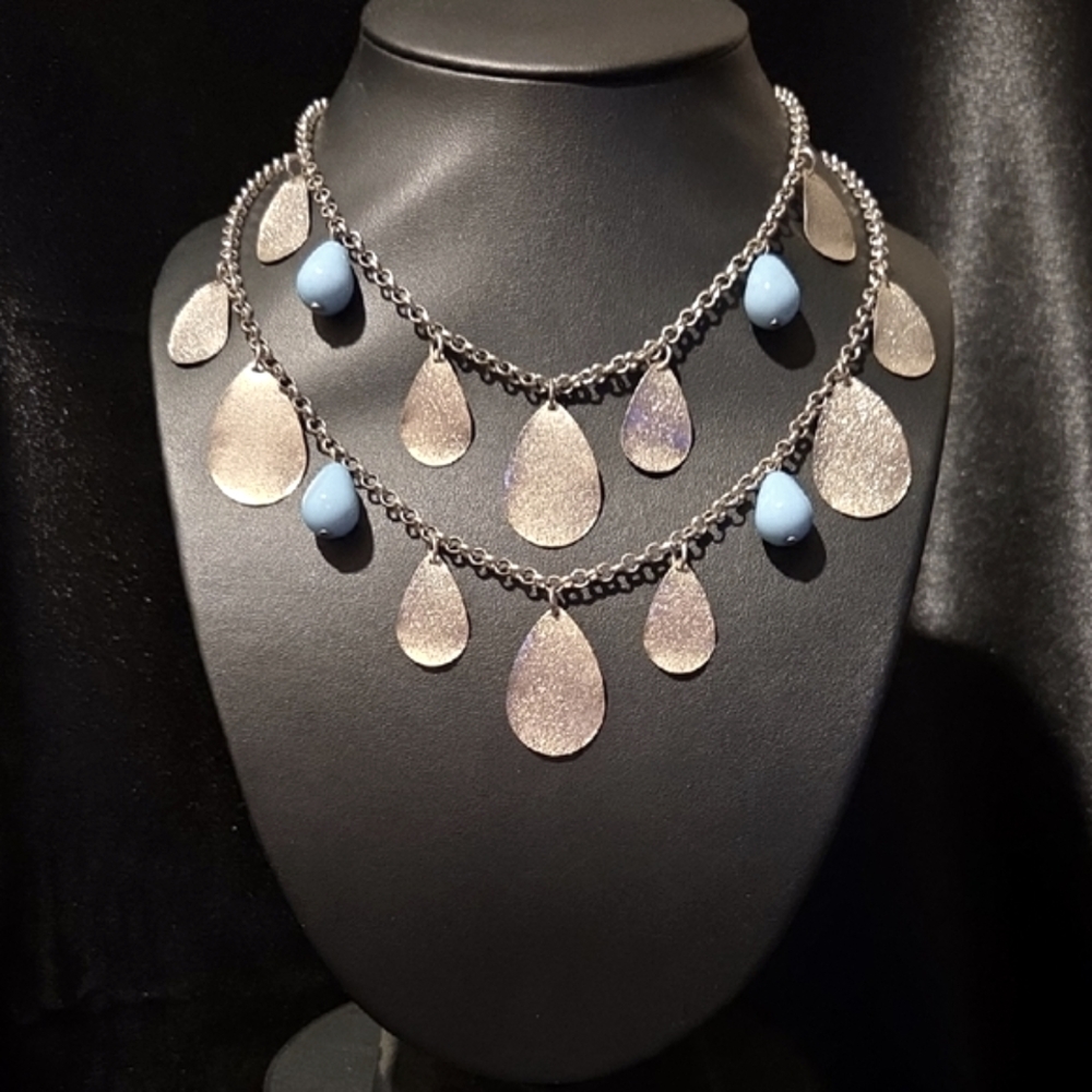 Elegant Silver and Blue Teardrop Double Strand Necklace